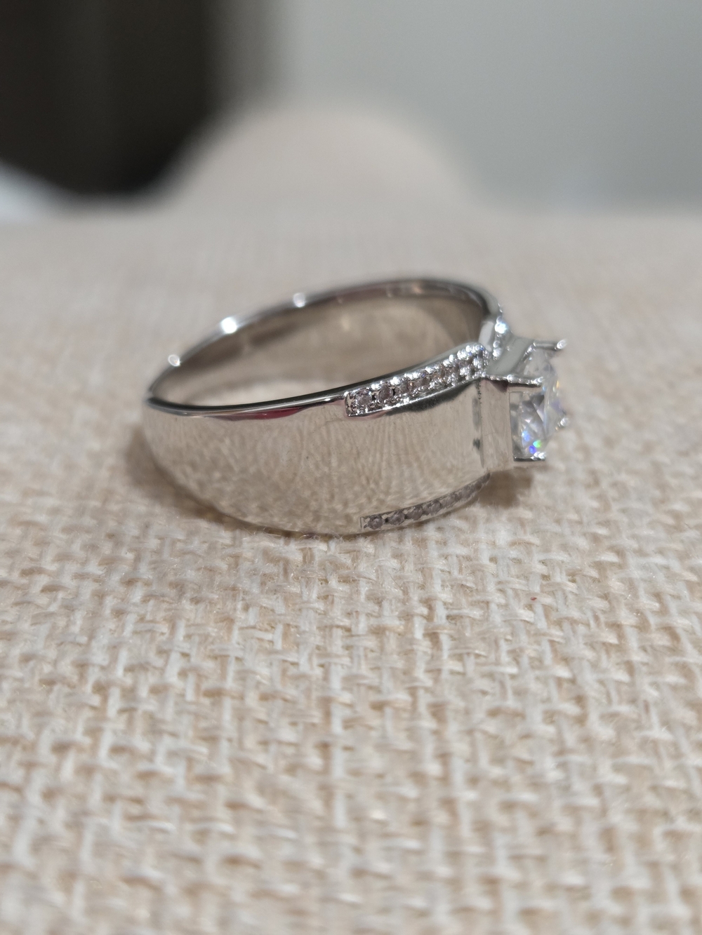 Moissanite Solitaire Wide Band Ring with Accent Stones